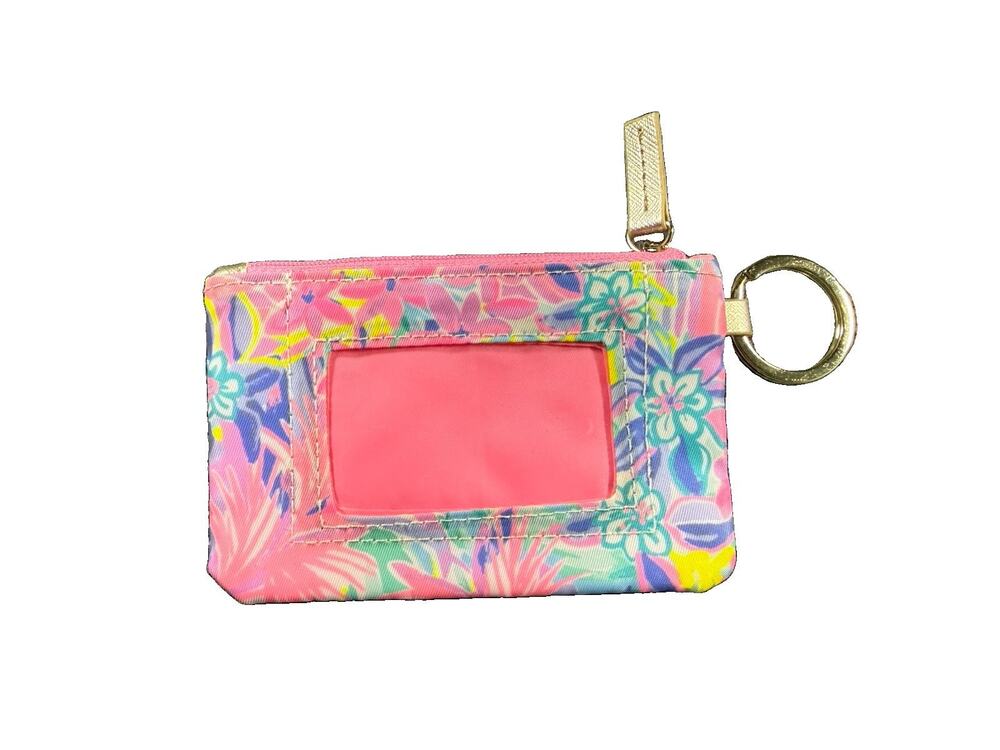 Lilly Pulitzer Floral Print Key ID Wallet Pink Tropical Zip Coin Pouch Gold Ring